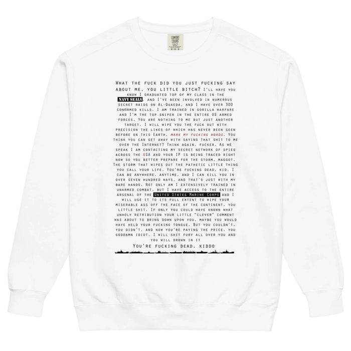 Close-up of dense tactical typography on white cotton sweatshirt.