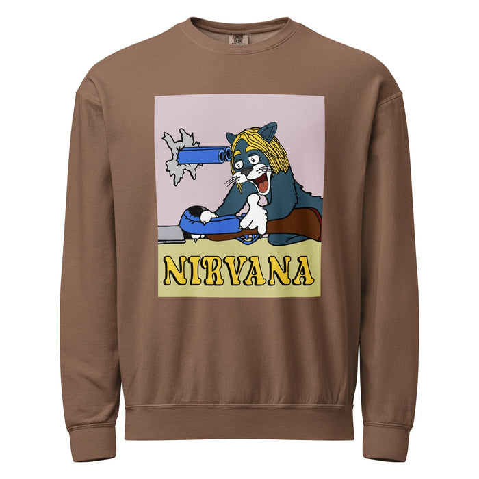 Nirvana Sweatshirt - The specific addition of a shaggy, center-parted blonde wig to the grey vintage cartoon cat (#1A1A1A), combined with the shotgun barrel element and "NIRVANA" text in sunflower yellow (#FFDA03).