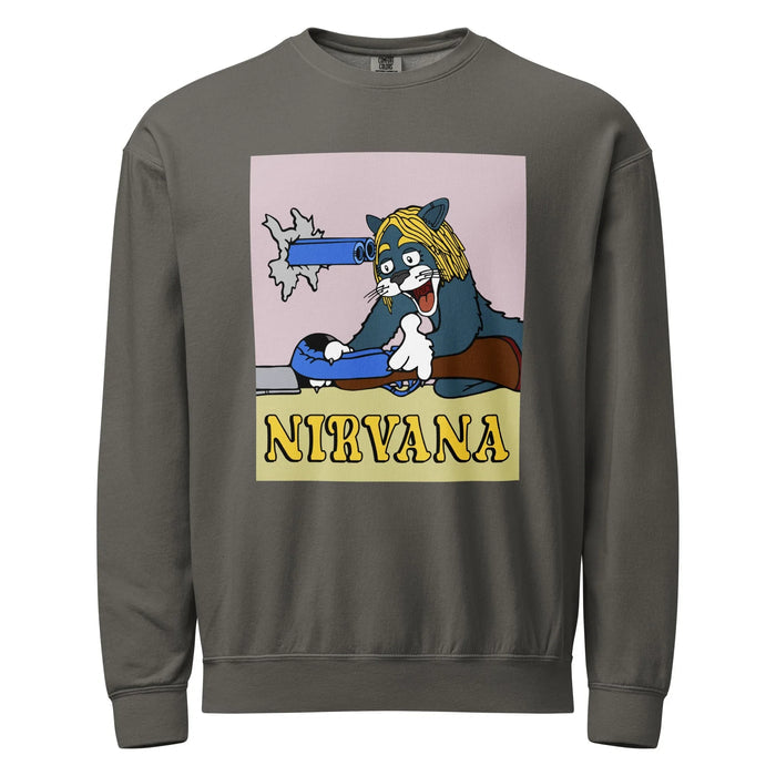 Nirvana Sweatshirt in Vintage Onyx & Grunge Pastels. OEKO-TEX® 100, Eco-Certified Inks, Made-to-Order (Zero Overproduction).