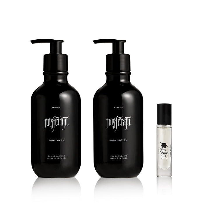 Nosferatu body wash, lotion, and 5ml perfume on white background.