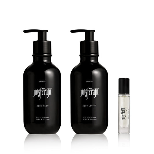 Nosferatu body wash, lotion, and 5ml perfume on white background.