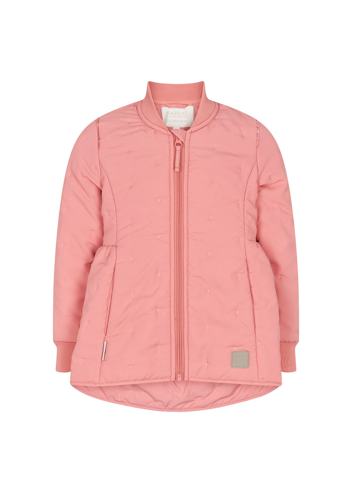 pink thermal jacket with zipper and rounded hem at the back