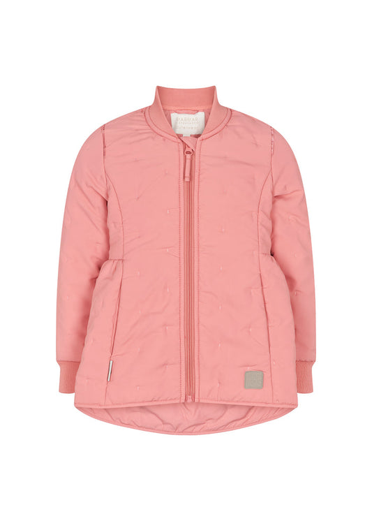 pink thermal jacket with zipper and rounded hem at the back
