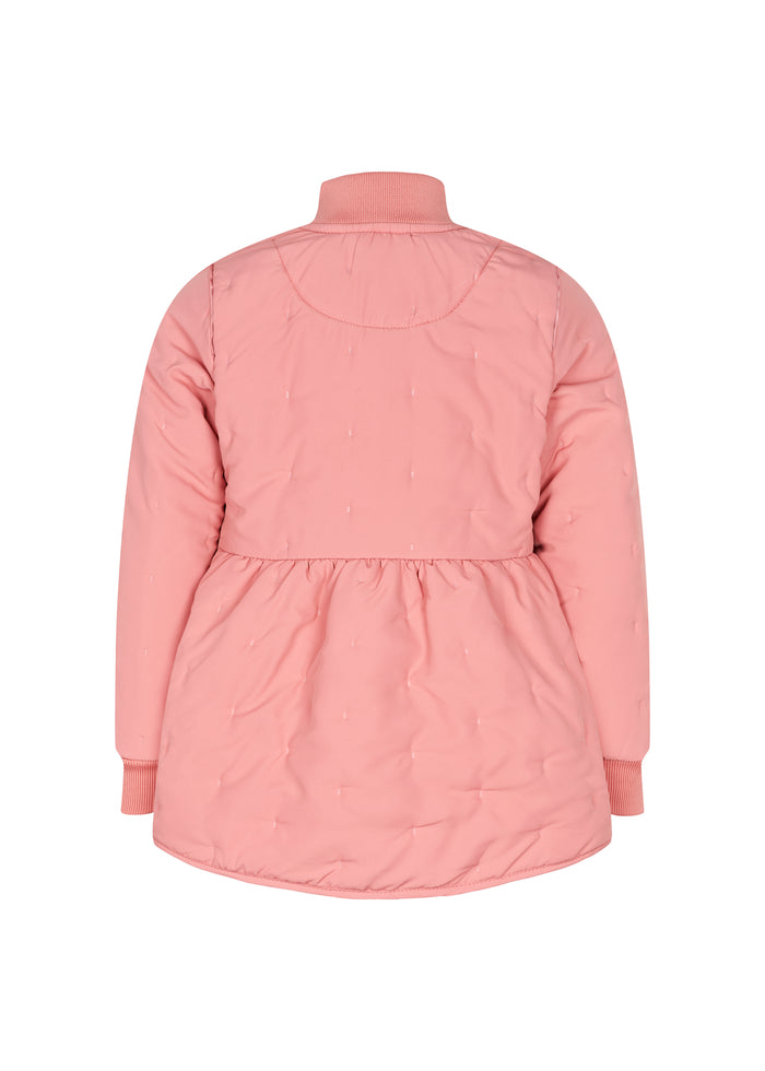 pink thermal jacket with zipper and rounded hem at the back