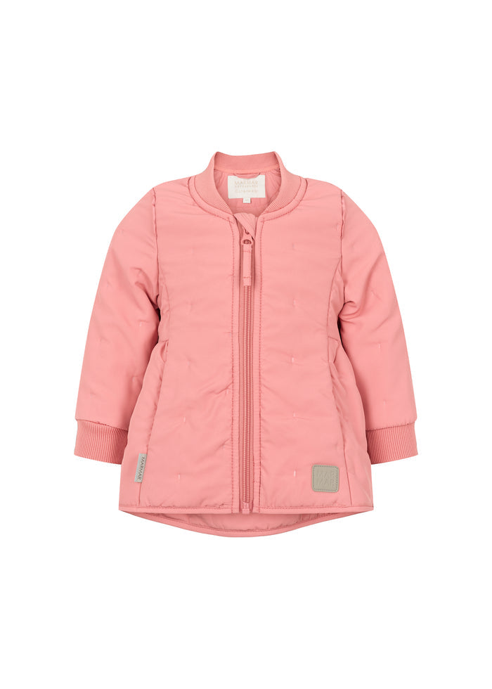 pink thermal jacket with zipper and rounded hem at the back