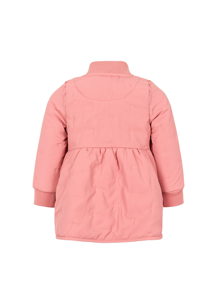 pink thermal jacket with zipper and rounded hem at the back