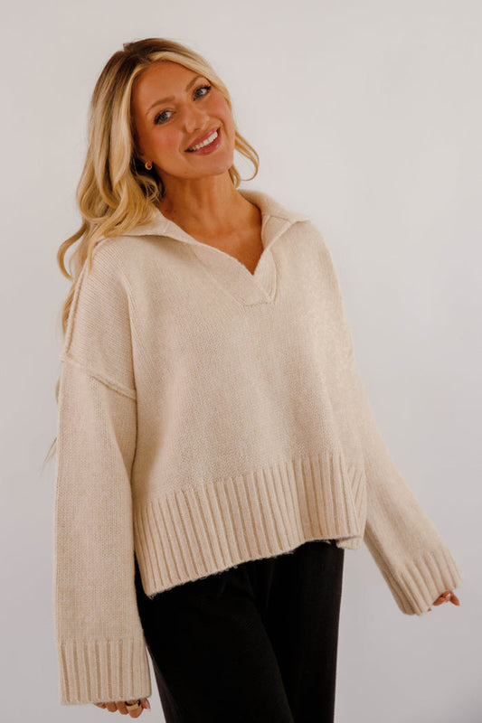 Polo Collar Ribbed Hem Sweater- Women's Cozy Taupe Sweater- Boxy Knit Sweater for Women