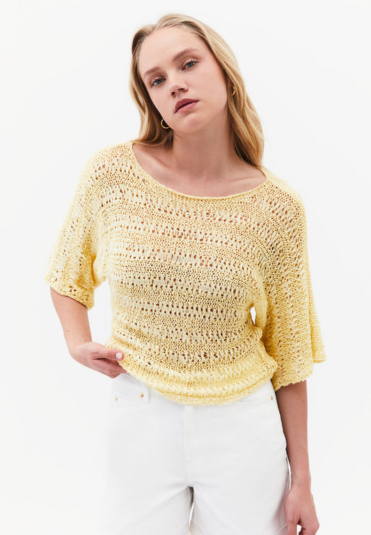 Openwork Batwing Sleeve Boat Neck Cropped Blouse - FLAN