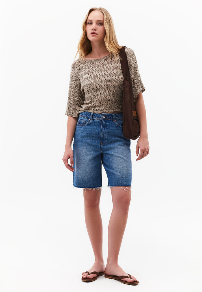 Openwork Batwing Sleeve Boat Neck Cropped Blouse - OXFORD TAN