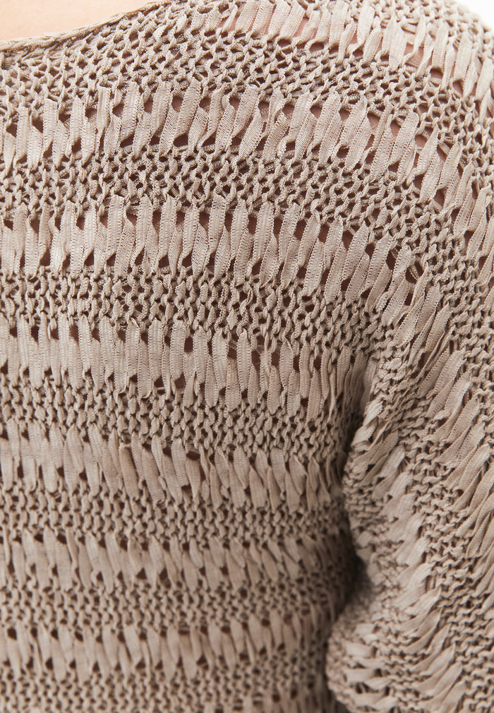 Openwork Batwing Sleeve Boat Neck Cropped Blouse - OXFORD TAN