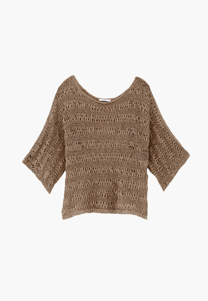 Openwork Batwing Sleeve Boat Neck Cropped Blouse - OXFORD TAN
