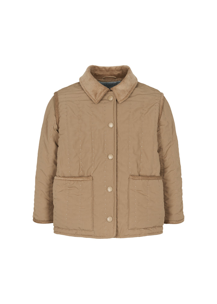 brown quilted thermal jacket with collar and snap buttons