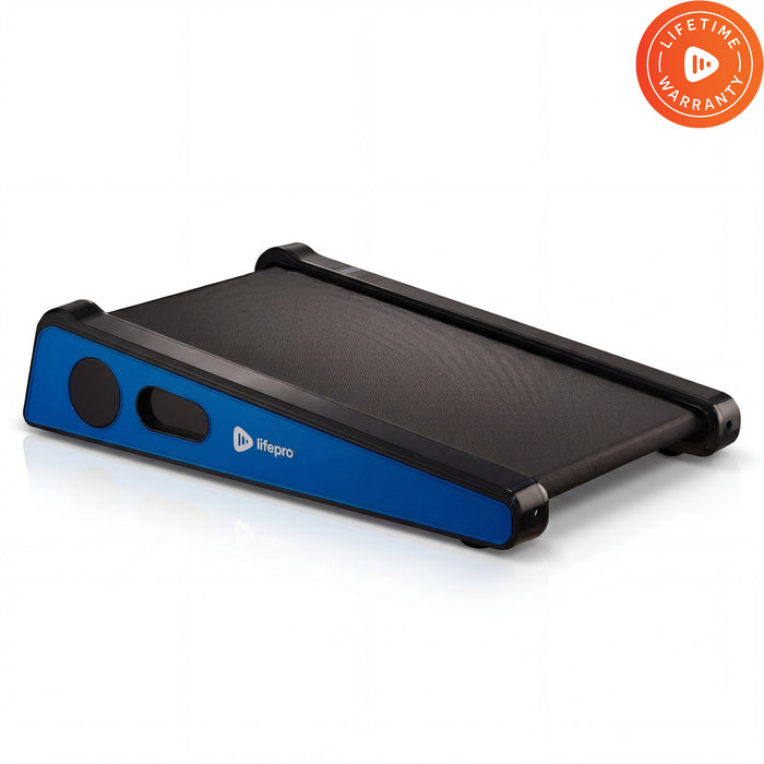 Blue-and-black PacerMini compact walking treadmill folded flat, showing its textured belt and lifepro logo, next to a Lifetime Warranty badge.