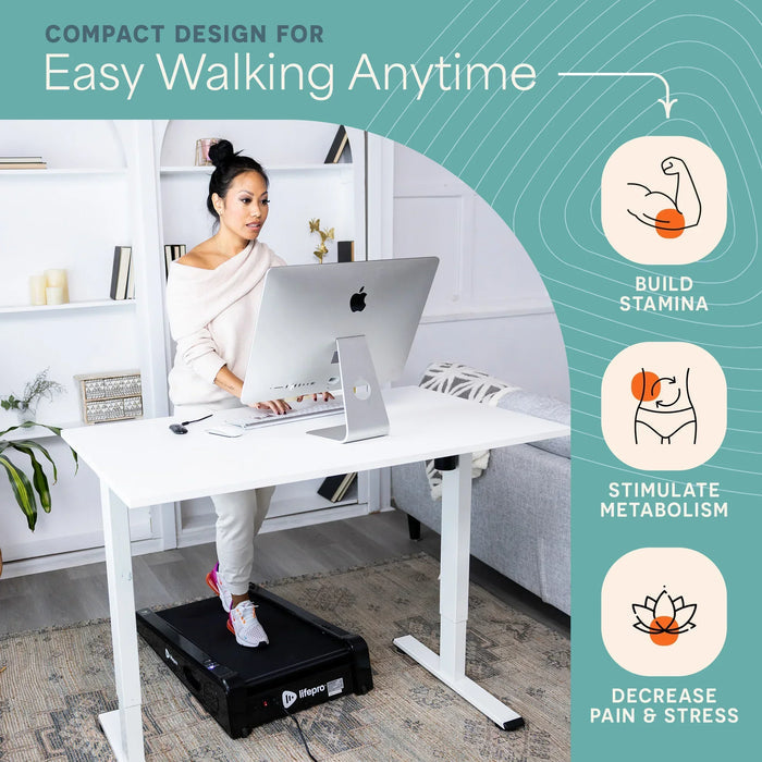 Woman walking on the PacerMini treadmill while using a desktop computer, with icons for building stamina, stimulating metabolism, and decreasing pain and stress.