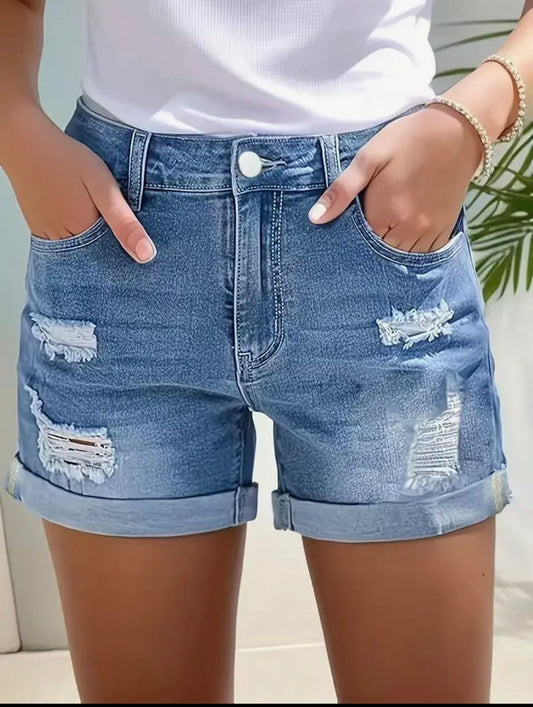 Pants - Raw Hem High Waist Stretch Denim Shorts