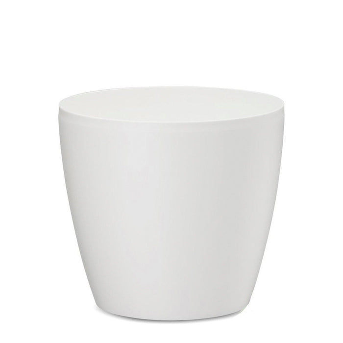 A smooth, round, white decorative planter pot sitting against a solid white background
