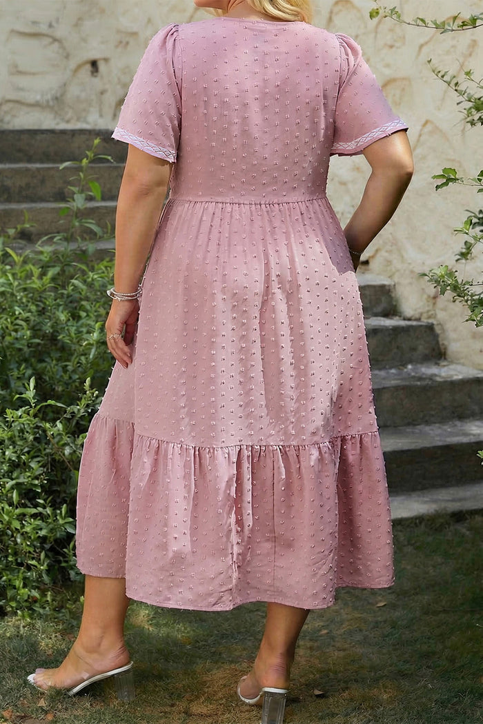 Pink Plus Size Swiss Dot Short Sleeve Smocked High Waist Flowy Midi Dress