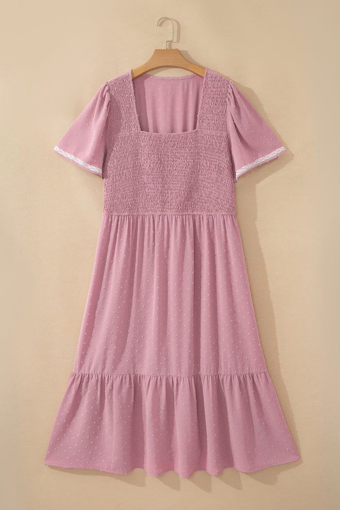 Pink Plus Size Swiss Dot Short Sleeve Smocked High Waist Flowy Midi Dress