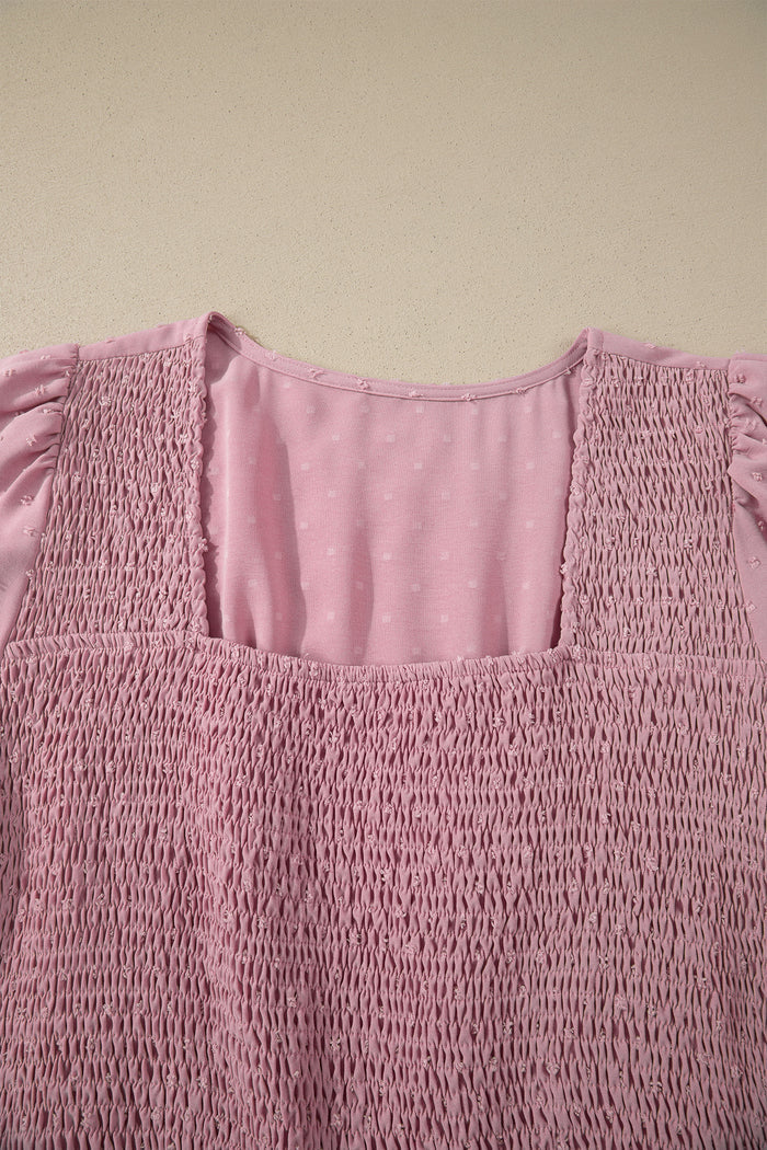 Pink Plus Size Swiss Dot Short Sleeve Smocked High Waist Flowy Midi Dress