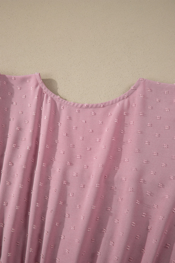Pink Plus Size Swiss Dot Short Sleeve Smocked High Waist Flowy Midi Dress