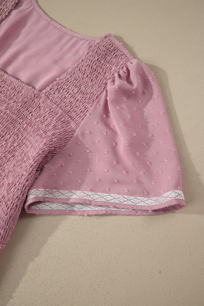 Pink Plus Size Swiss Dot Short Sleeve Smocked High Waist Flowy Midi Dress