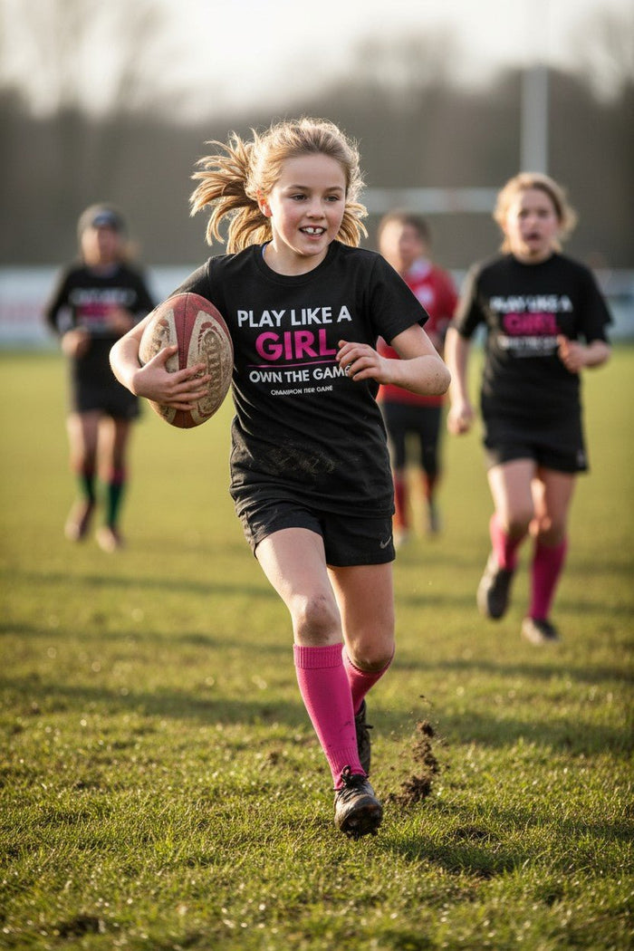 Girls football match action - Play Like a Girl, Own the Game slogan performance t-shirt for grassroots players.