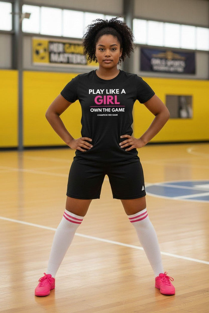 Black girls sports t-shirt with Play Like a Girl slogan - Durable youth athletic wear for training and PE.