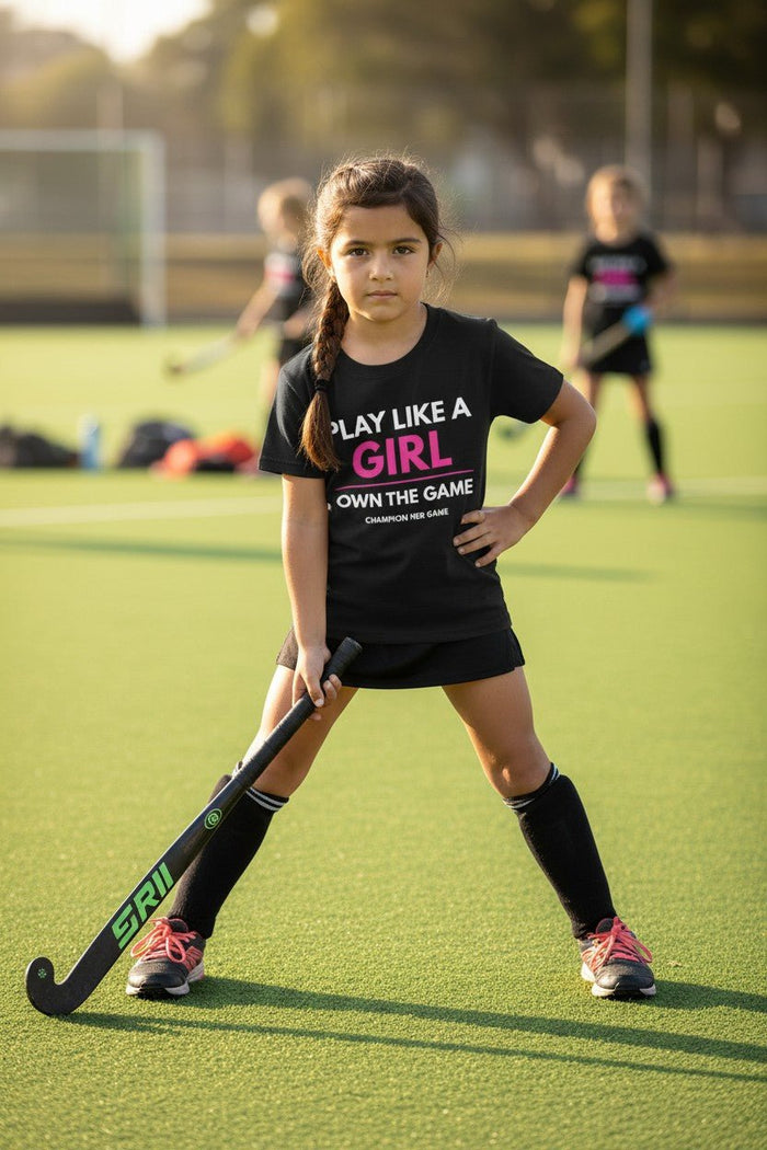 Black girls sports t-shirt with Play Like a Girl slogan - Perfect for Grassroots training sessions