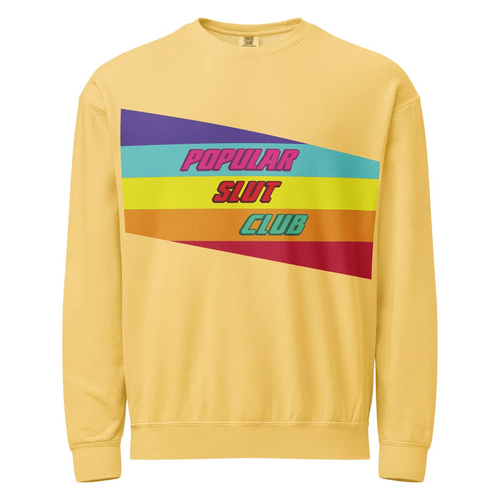 Popular Slut Club Sweatshirt - The retro trapezoidal "rainbow wedge" graphic transitioning through five bands from Deep Grape Purple (#6A3E96) to Bright Turquoise (#4ECDC4) to Vibrant Lemon Yellow (#F7DC6F) to Warm Sunset Orange (#E67E22) to Rich Cardinal Red (#C0392B), mimicking vintage educational broadcast logos like 1980s PBS idents.