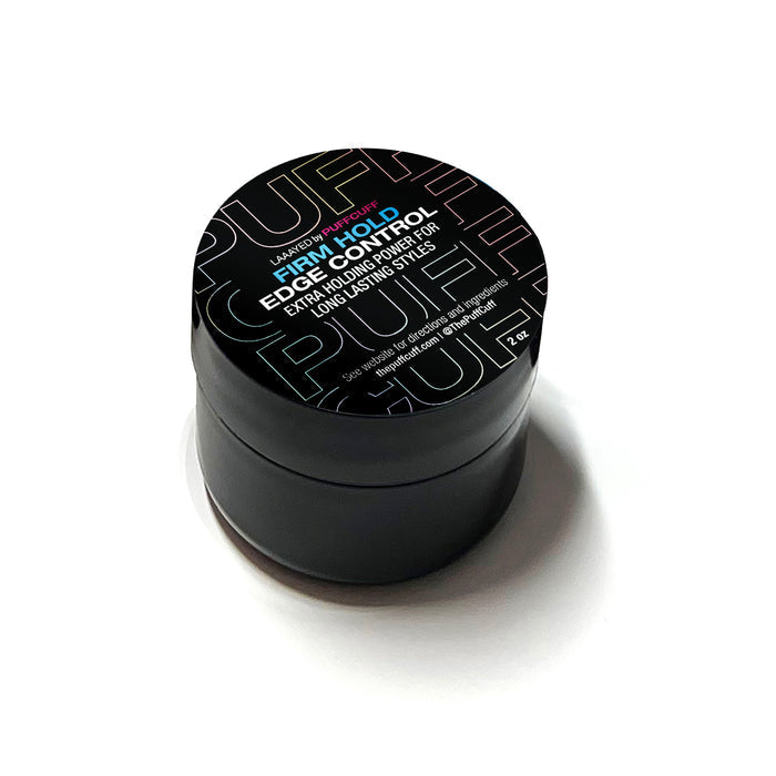 Black hair product container with text on a white background