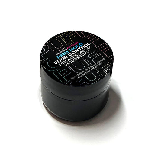 Black hair product container with text on a white background