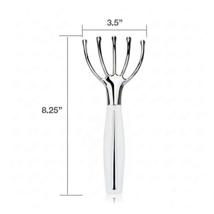 Handheld metal tool with measurements on a white background