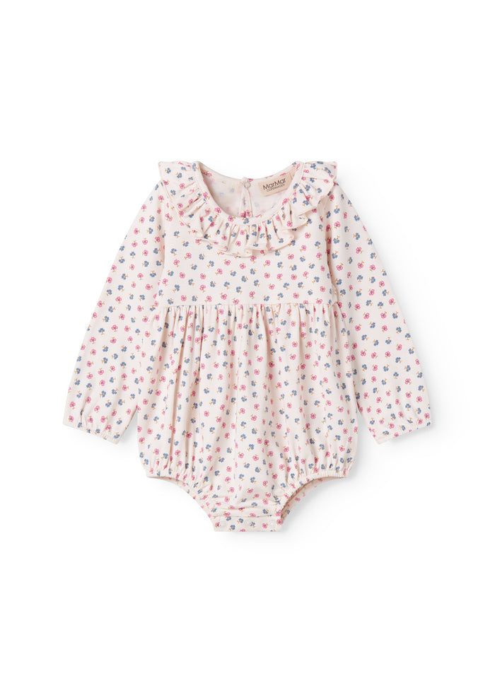 Langærmet baby bodystocking with ruffled collar or floral print