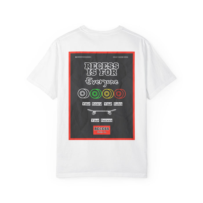 Recess Skate Co. Full Back Color Print Tee — White T-shirt Red Logo Patch on Front