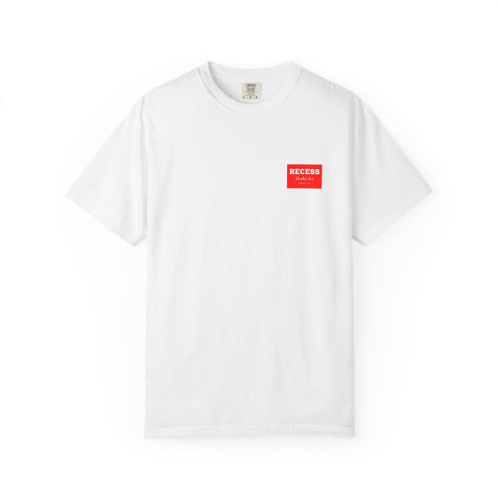 Recess Skate Co. Full Back Color Print Tee — White T-shirt Red Logo Patch on Front