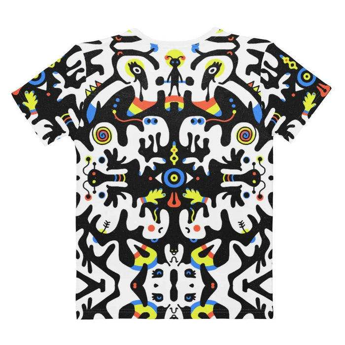 Rorschach Tabar Women's Tee - The strict bilateral symmetry anchoring the chaotic "midnight black" (#121212) blobs against the "electric azure" (#2B6CB0) swirls, "vivid dandelion yellow" (#E6D92C) highlights, and "striking persimmon orange" (#FF6B6B) accents, specifically the central cyclopean eye that forces direct eye contact with the pattern.