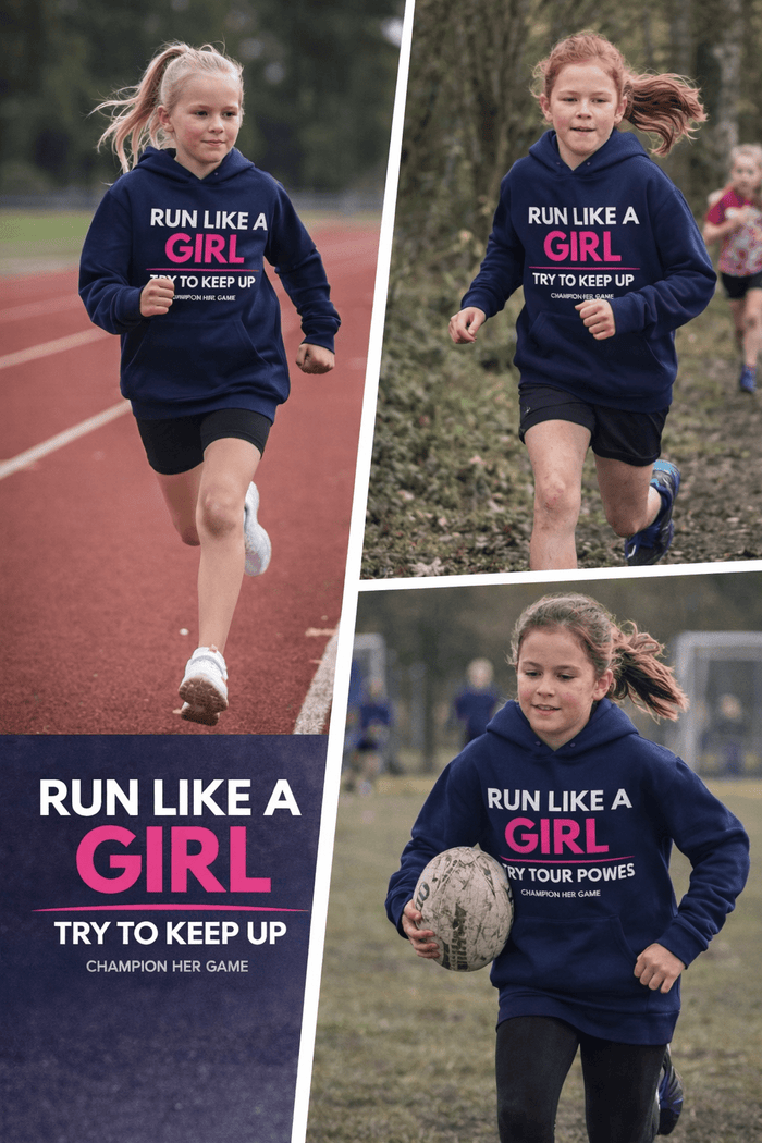 Young athlete running in Run Like A Girl Navy hoodie - Try To Keep Up slogan kids sports performance wear UK.