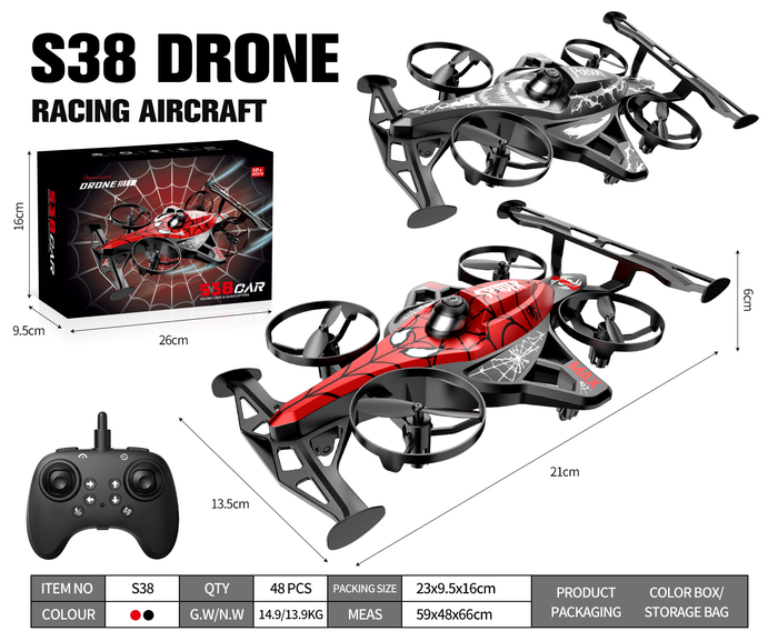 S38 Racing Car Aircraft Drone with 2 Modular Batteries & Protected Rotors