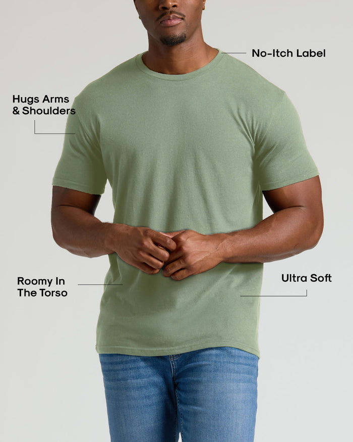 Man wearing a Sage Green Tall Straight Hem Crew Neck T-Shirt with annotations highlighting no-itch label, hugs arms and shoulders, roomy in the torso, and ultra soft fabric.