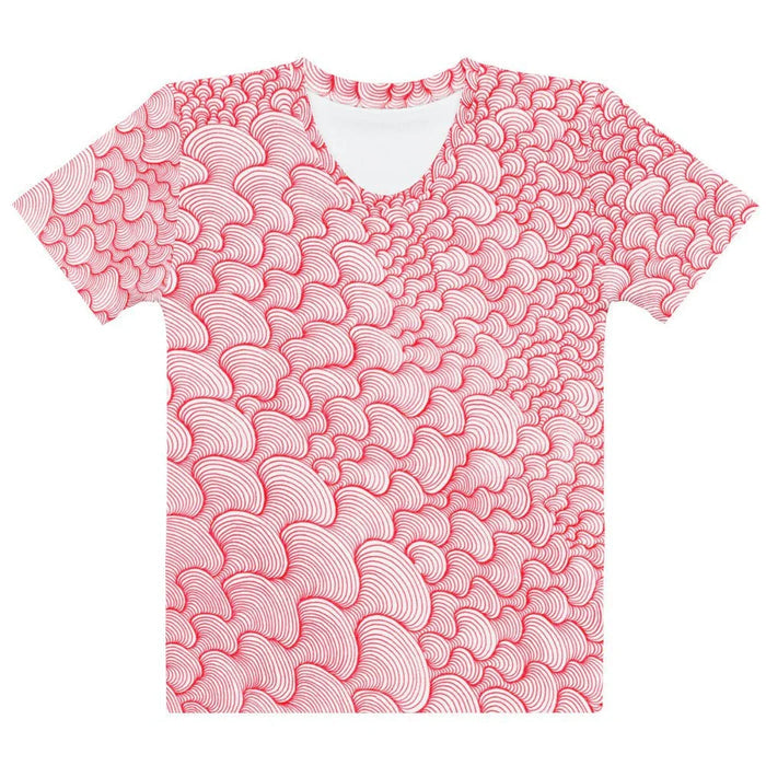 Scribblewave Women's Tee in Crimson Wave White. OEKO-TEX® 100, REACH Compliant, Zero-Wastewater Printing.