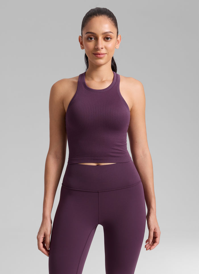 CRZ YOGA Women's Yoga Slim Fit Tops Seamless Longline Tank High Neck Deep Purple