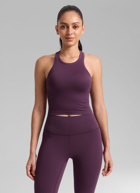 CRZ YOGA Women's Yoga Slim Fit Tops Seamless Longline Tank High Neck Deep Purple