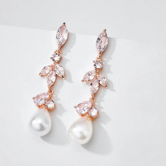 Wedding Jewelry - Pearl and Cubic Zirconia Bridal Earrings - Available in Rose Gold and Silver