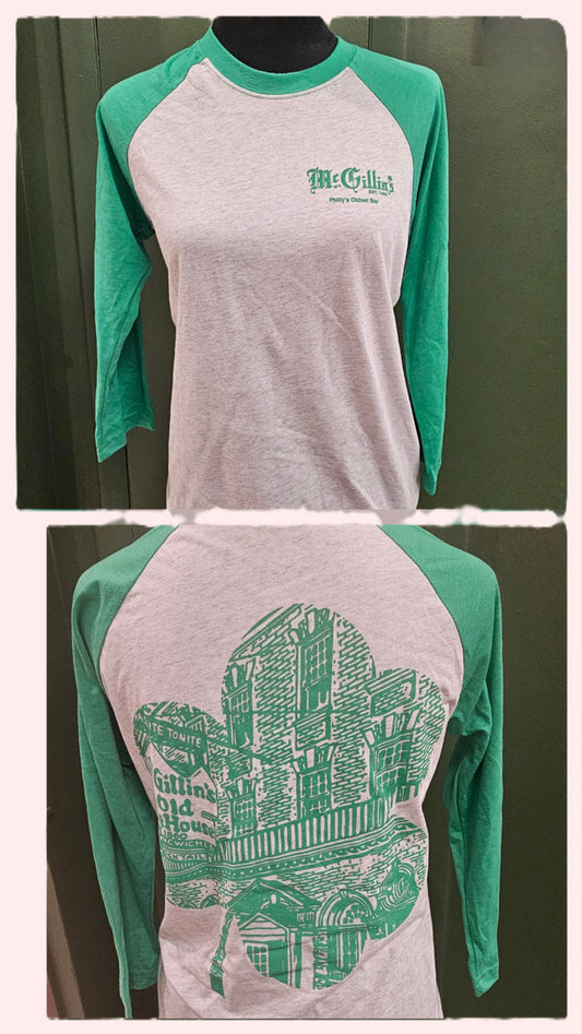Gray and green baseball shirt with graphic design