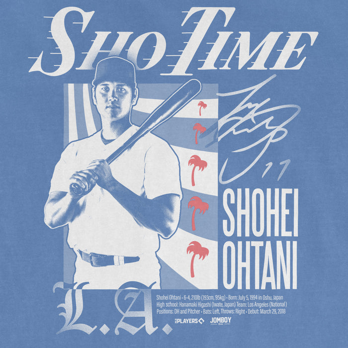 Graphic of Shohei Ohtani holding a baseball bat, with text and graphics highlighting his baseball career achievements.