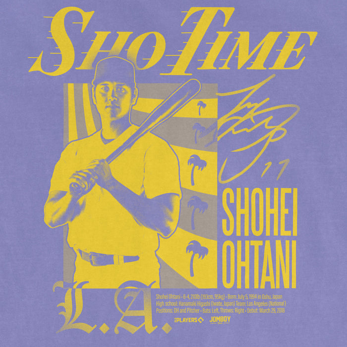 A graphic design featuring Shohei Ohtani holding a baseball bat, with his stats and team info in yellow on a purple background.