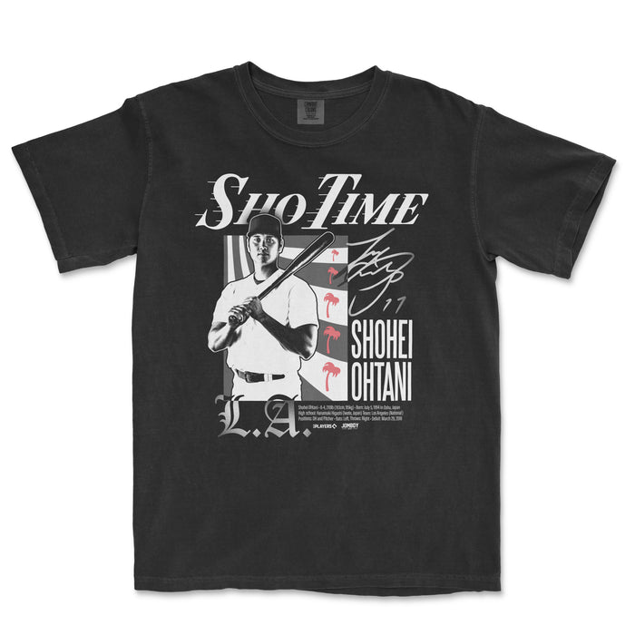 Black T-shirt featuring a graphic of Shohei Ohtani holding a baseball bat, with stylized text and design elements related to Sho-Time.