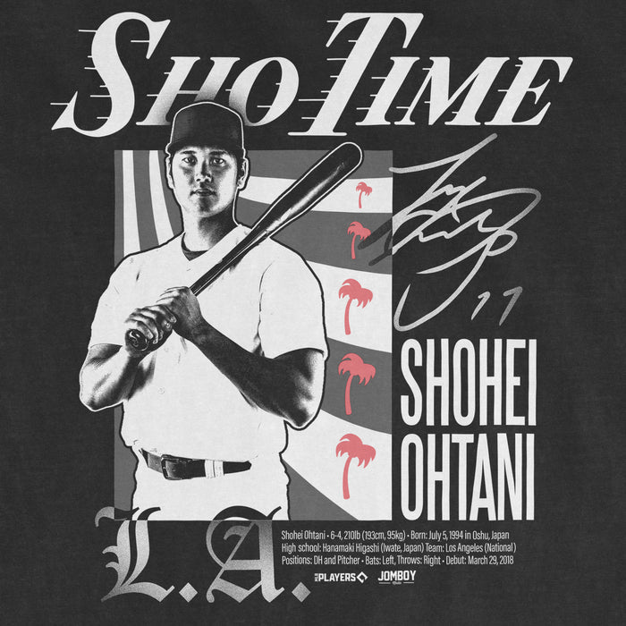 Black and white graphic of Shohei Ohtani holding a baseball bat, with his stats and team info, featuring pink palm trees in the background.