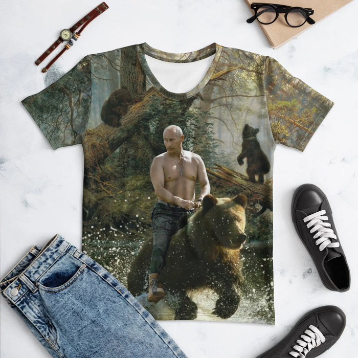 This surreal, satirical mural centers on a stern, shirtless man stoically riding a massive brown bear through a churning river. Contact us with accessibility feedback, we'd love to help!