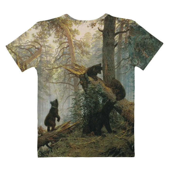 Siberian Prince Women's Tee - The stoic, "shirtless male figure" mounted atop a "rich grizzly brown (#5C4033)" bear amid "murky forest greens (#354A36)" foliage and "frothy splash whites (#E0E0E0)" water accents, instantly recognizable as the definitive caricature of political tough-guy posturing.